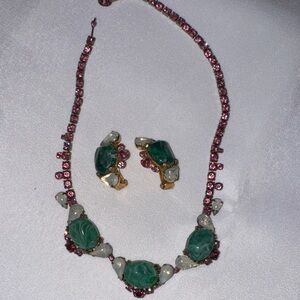 Vintage Costume Pink and Green Necklace and Earring Set